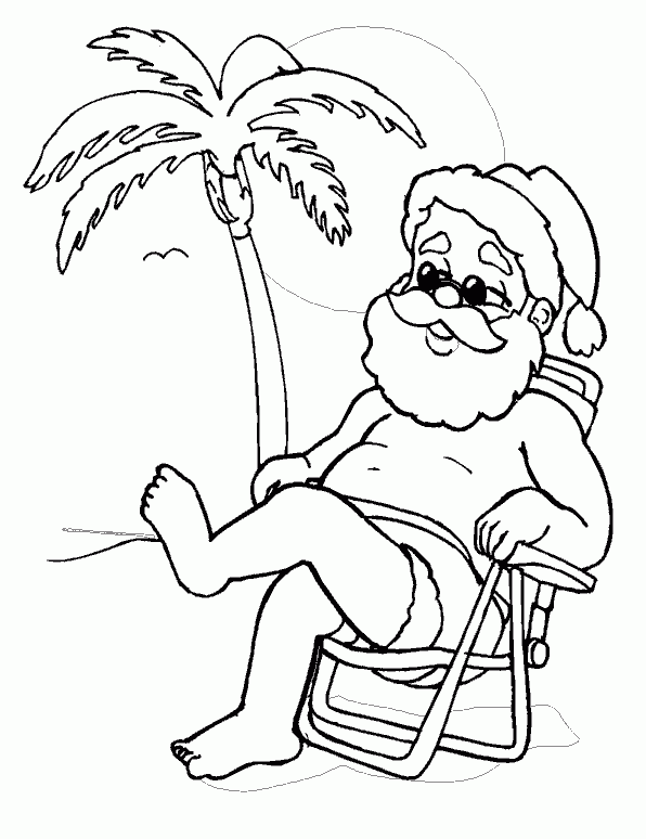 Mikołaj wypoczywa na plaży kolorowanka do druku